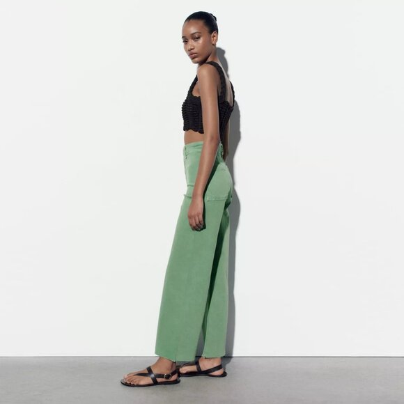 Zara The Marine Sailor Wide Leg Cotton Denim Mint Green Pant Trouser - Size 6 - Picture 3 of 11